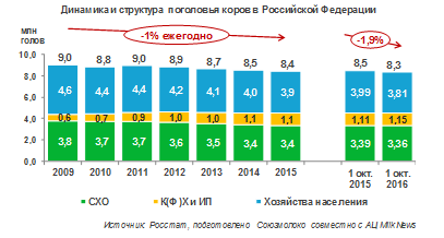 За первые 9 месяцев 2016 года поголовье коров в РФ снизилось на 1,9%